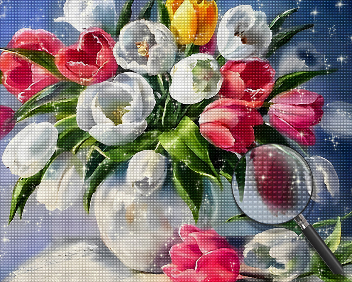 Bunte Tulpen in weißer Vase Diamond Painting