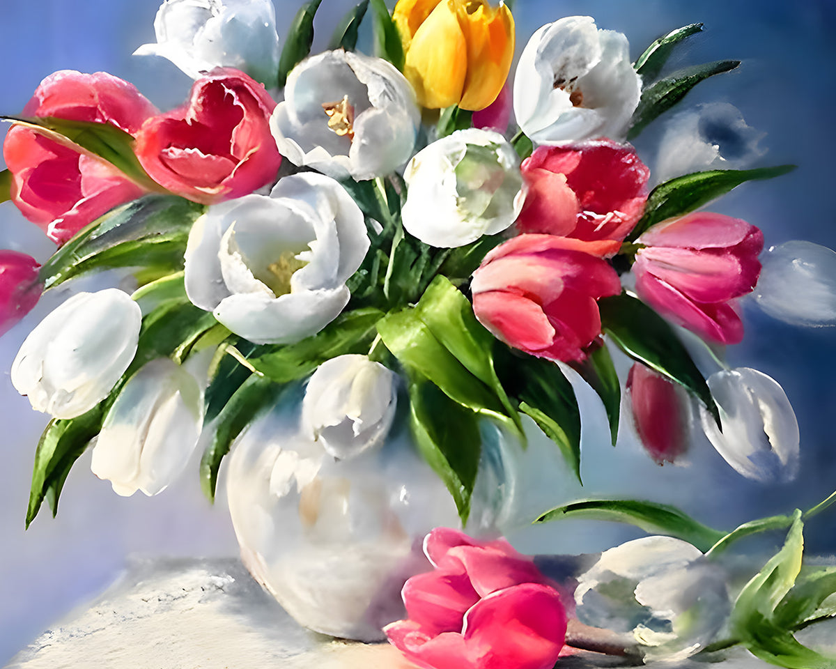 Bunte Tulpen in weißer Vase Diamond Painting