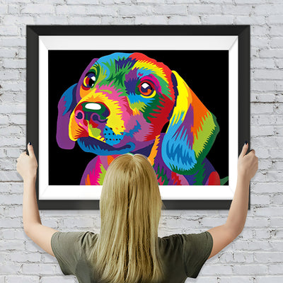 Bunter Hund vor dem schwarzen Hintergrund Diamond Painting