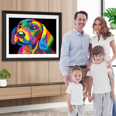 Bunter Hund vor dem schwarzen Hintergrund Diamond Painting