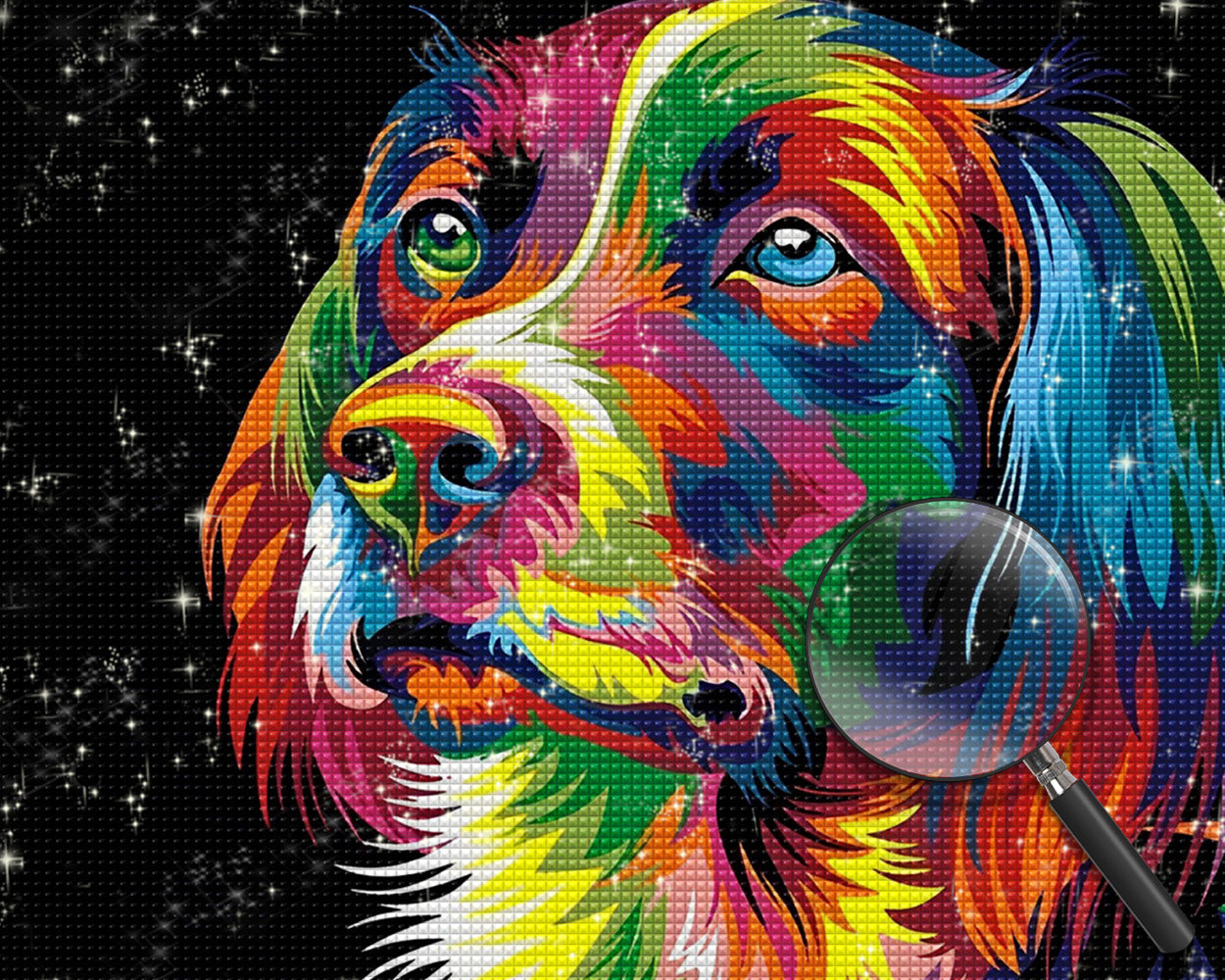 Bunter Hundekopf im Dunkeln Diamond Painting
