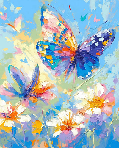 Bunter Schmetterling und weiße Blumen Diamond Painting
