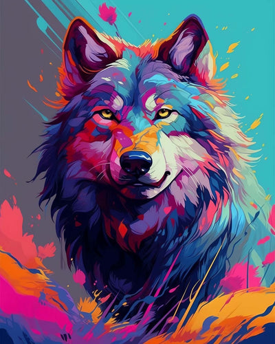 Bunter Wolf mit grimmigen Augen Diamond Painting