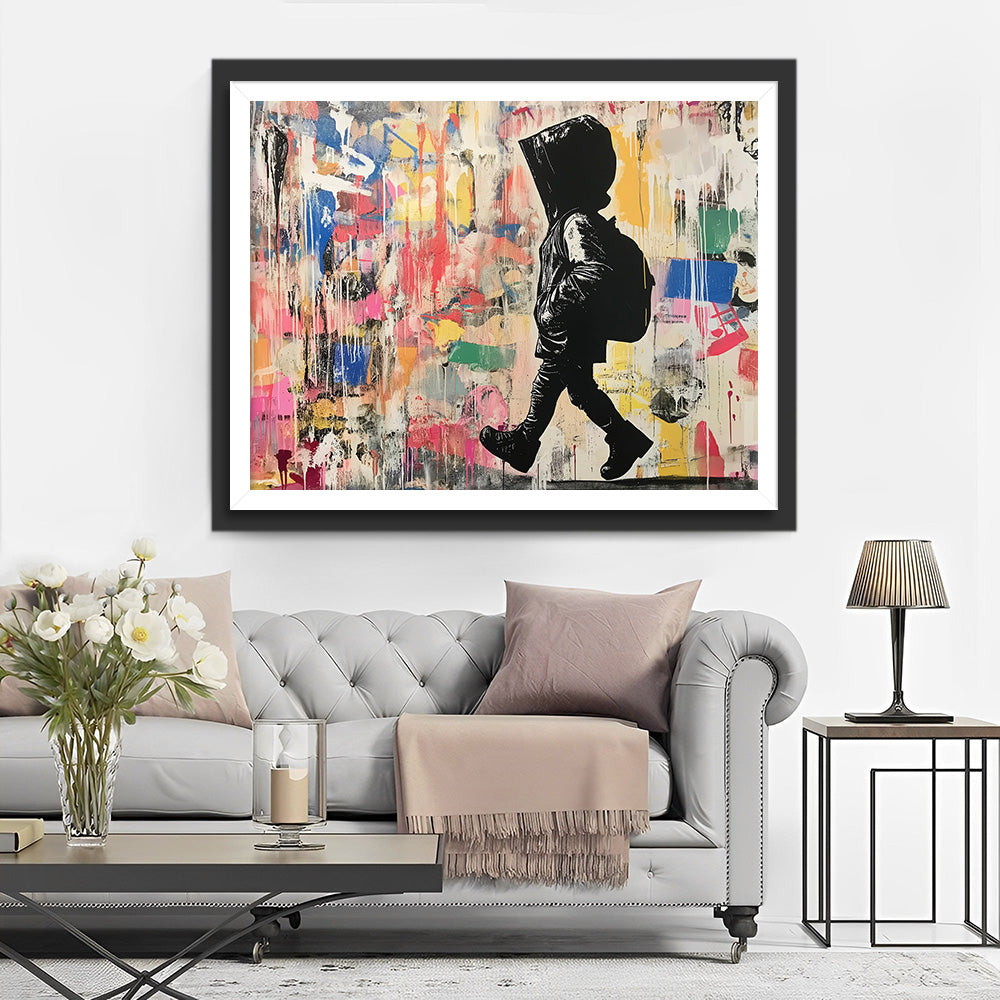 Buntes Graffiti eines kleinen Jungen, der eine Schultasche trägt Diamond Painting