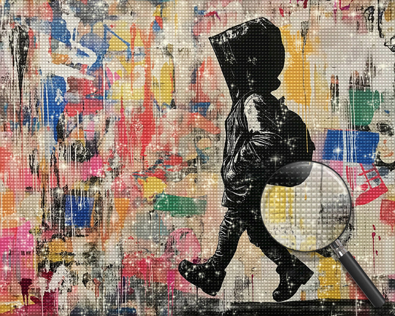 Buntes Graffiti eines kleinen Jungen, der eine Schultasche trägt Diamond Painting