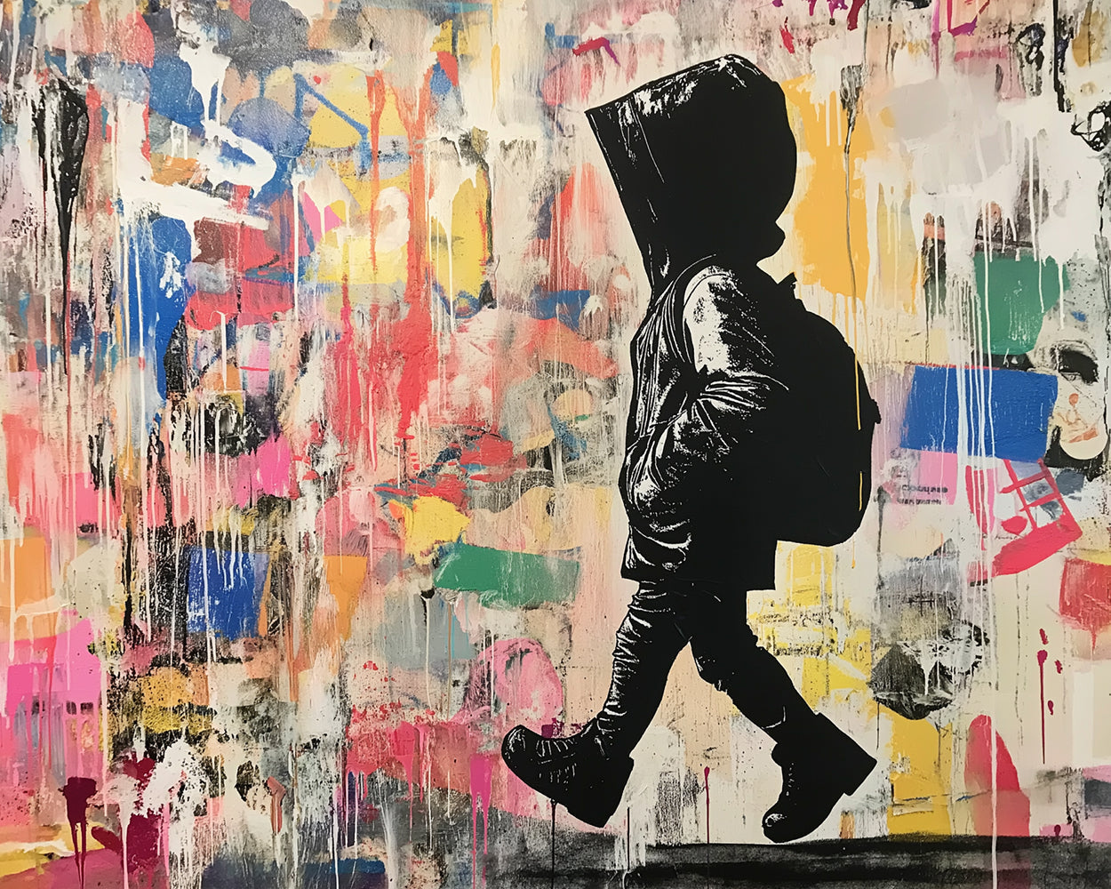 Buntes Graffiti eines kleinen Jungen, der eine Schultasche trägt Diamond Painting