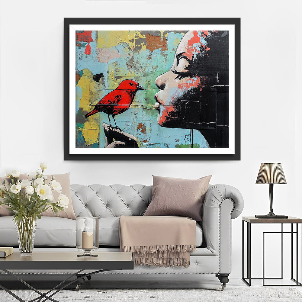 Buntes Graffiti eines Mädchens mit rotem Vogel Diamond Painting