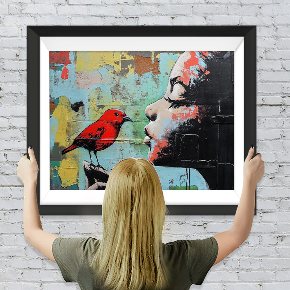 Buntes Graffiti eines Mädchens mit rotem Vogel Diamond Painting