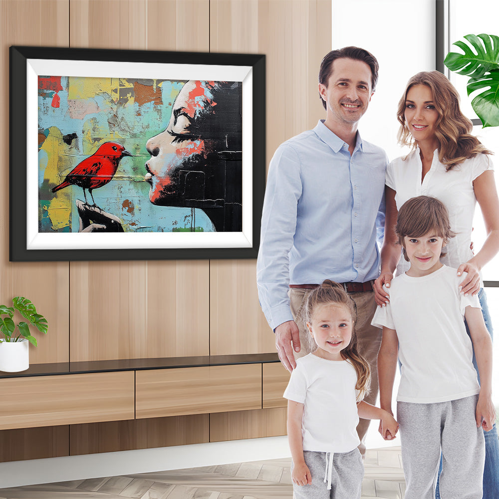 Buntes Graffiti eines Mädchens mit rotem Vogel Diamond Painting