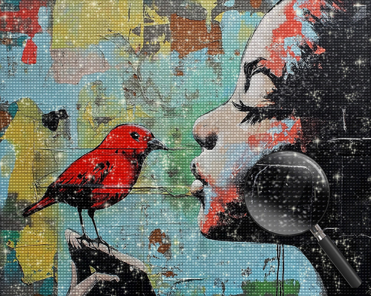 Buntes Graffiti eines Mädchens mit rotem Vogel Diamond Painting