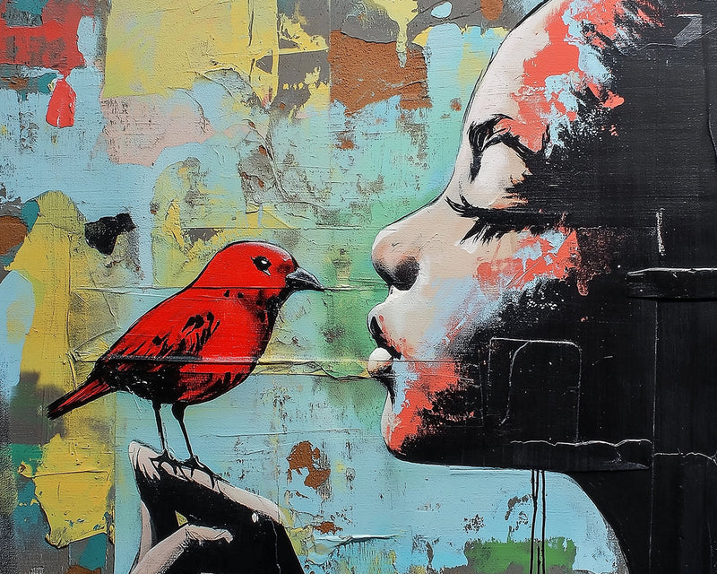 Buntes Graffiti eines Mädchens mit rotem Vogel Diamond Painting