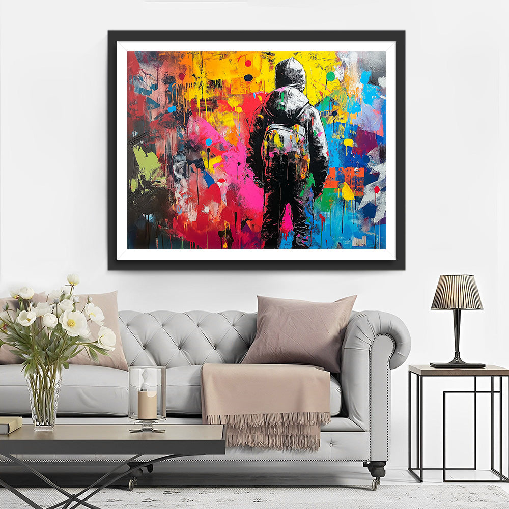 Buntes Graffiti und Mann mit Rucksack Diamond Painting