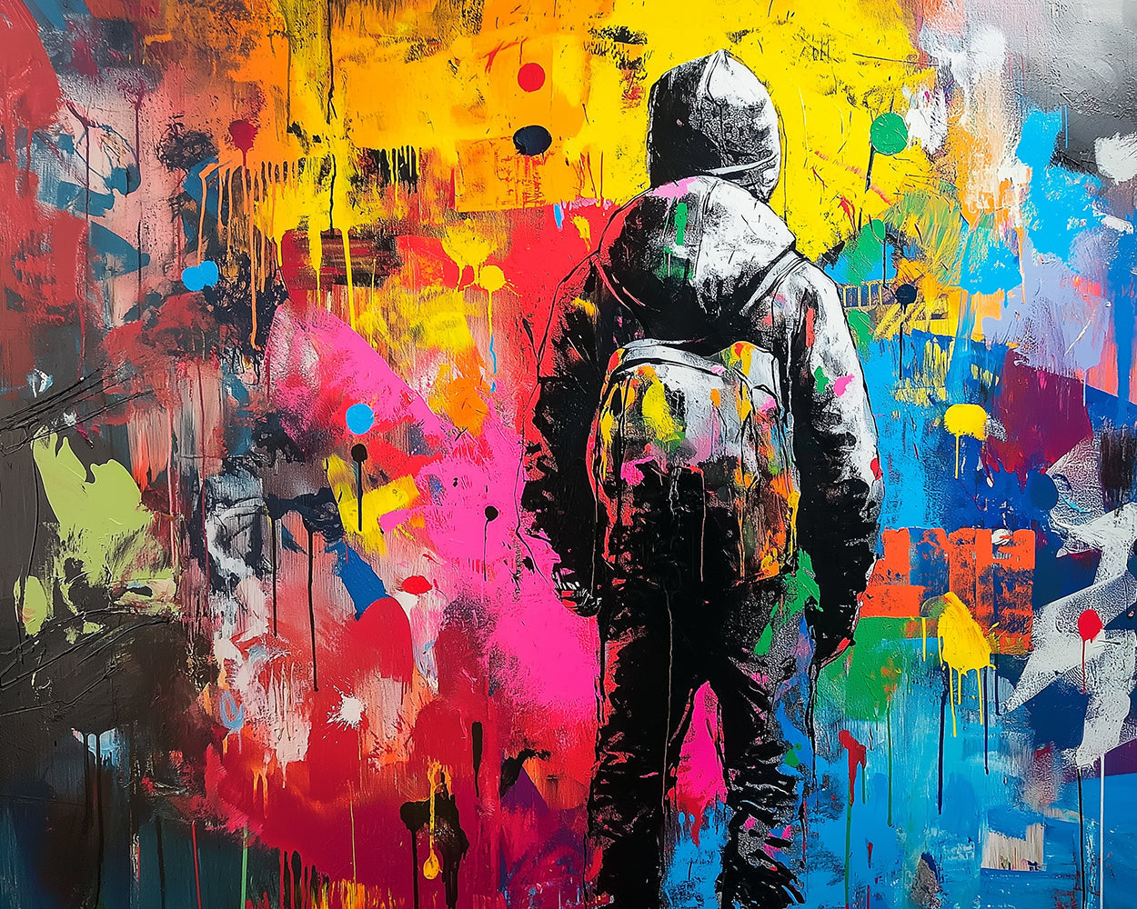 Buntes Graffiti und Mann mit Rucksack Diamond Painting