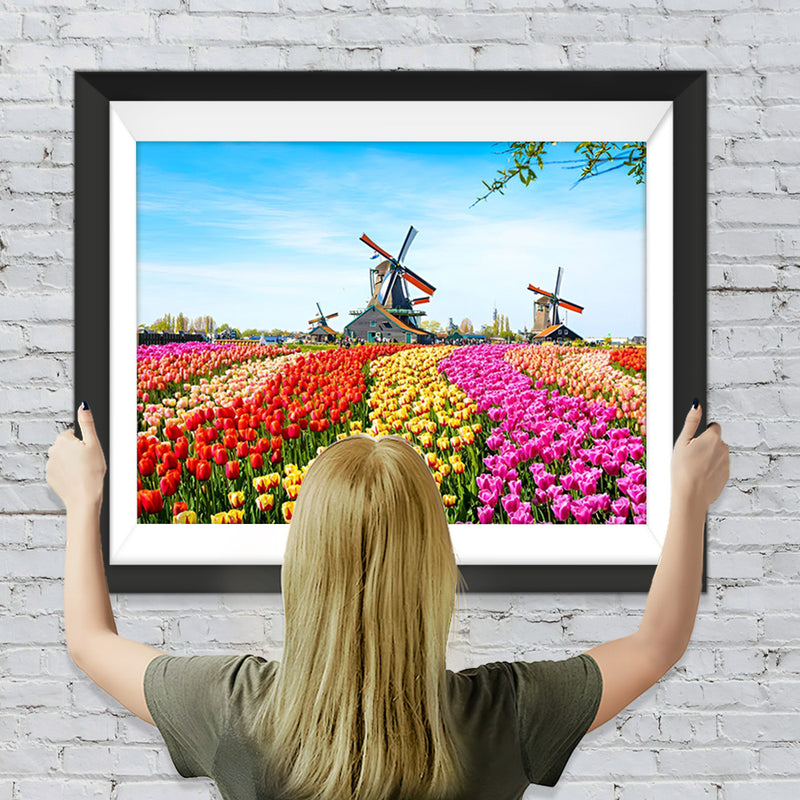 Buntes Tulpenfeld mit Windmühlen Diamond Painting