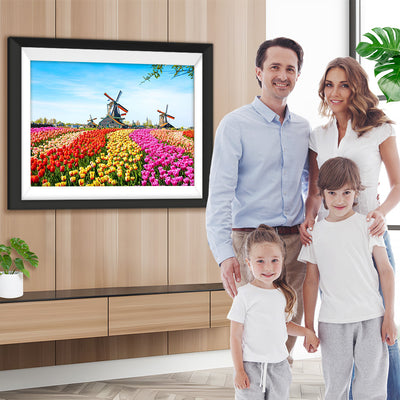 Buntes Tulpenfeld mit Windmühlen Diamond Painting