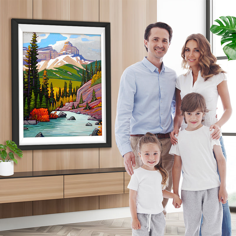 Cartoon Berg, Bach und Wald Diamond Painting