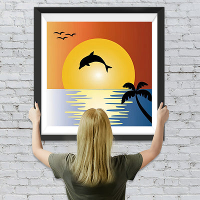 Cartoon Delfin, Sonne und Vögel Diamond Painting 