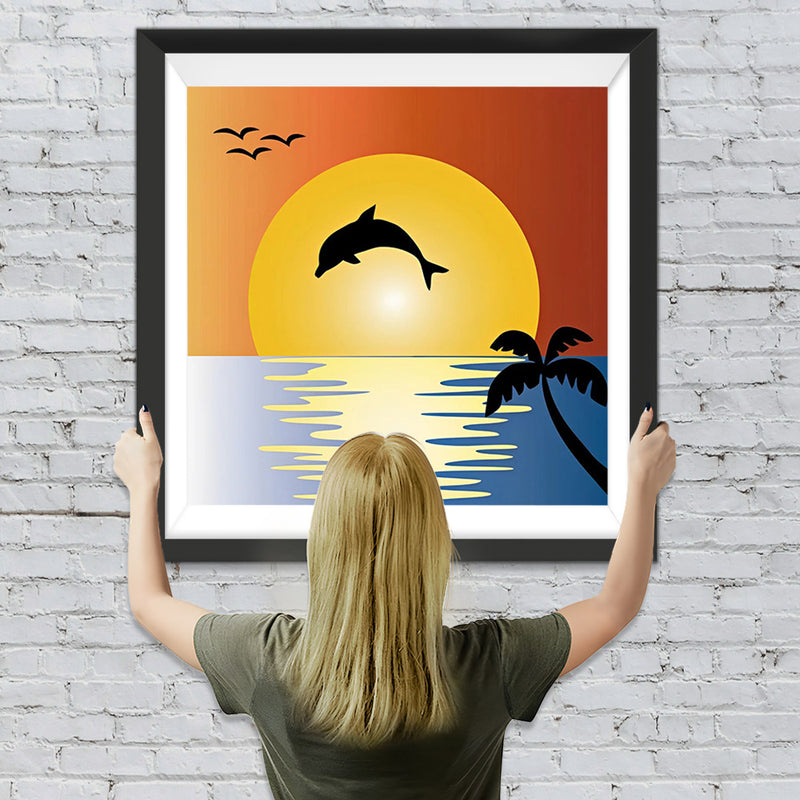 Cartoon Delfin, Sonne und Vögel Diamond Painting 