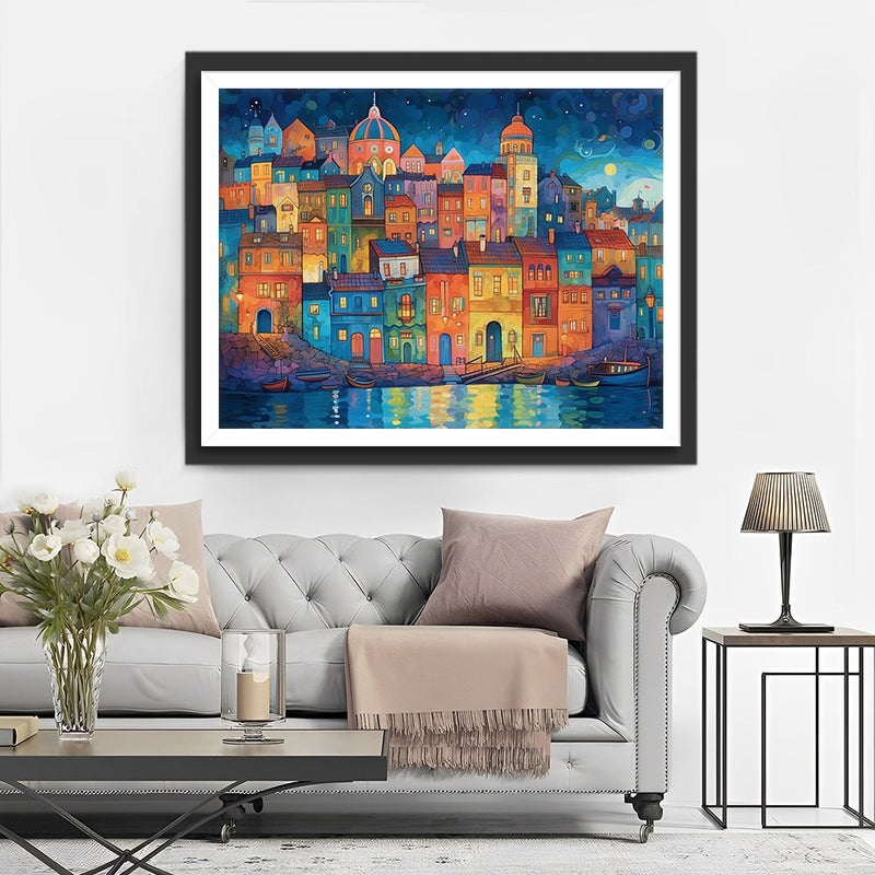Cartoon-Gebäude am Meer Diamond Painting