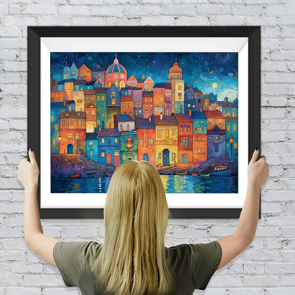 Cartoon-Gebäude am Meer Diamond Painting