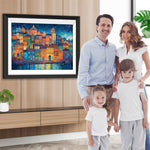 Cartoon-Gebäude am Meer Diamond Painting