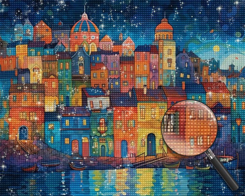 Cartoon-Gebäude am Meer Diamond Painting