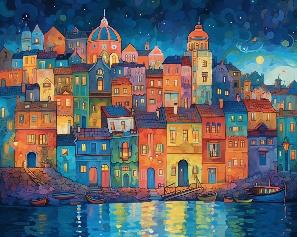 Cartoon-Gebäude am Meer Diamond Painting