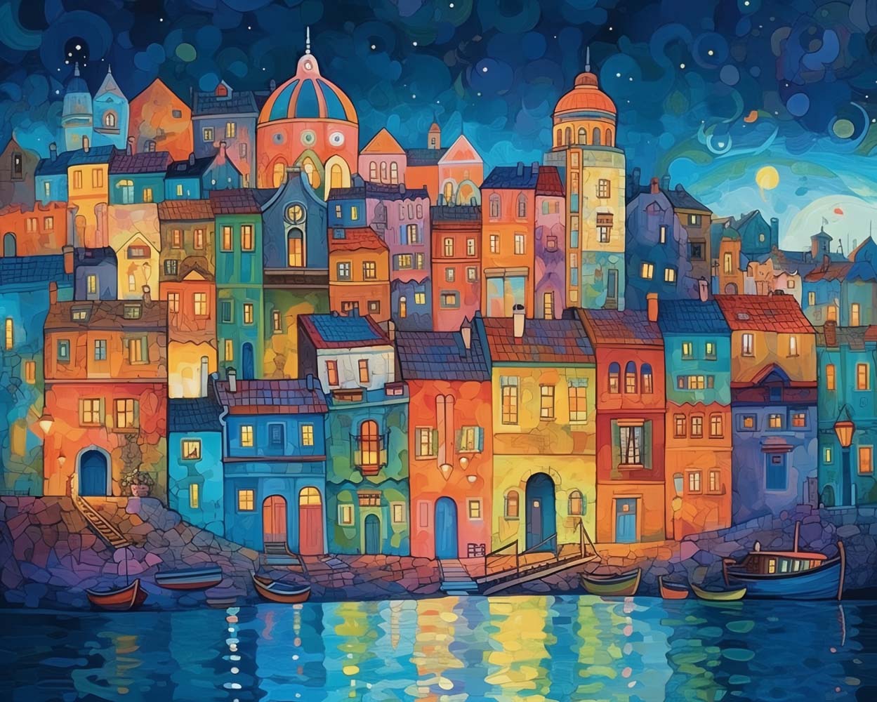 Cartoon-Gebäude am Meer Diamond Painting