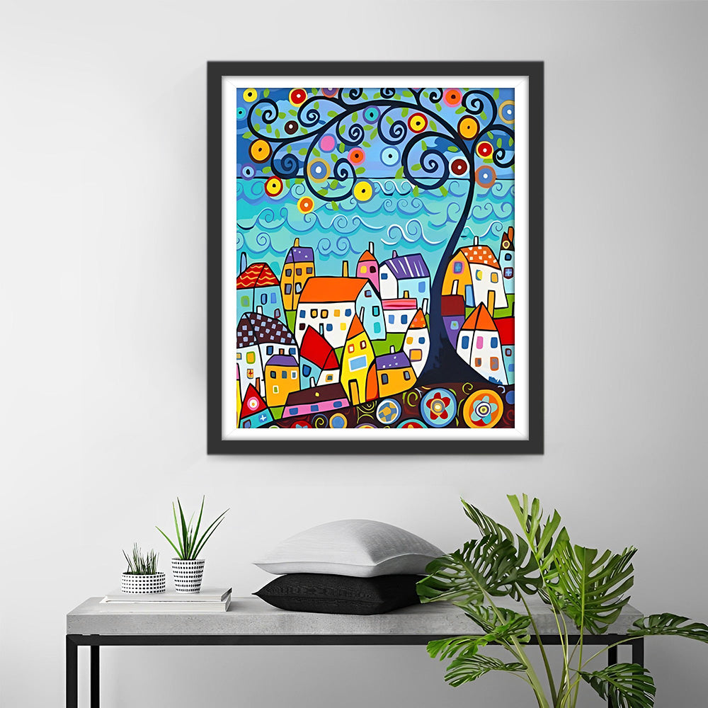 Cartoon Häuser und Baum Diamond Painting
