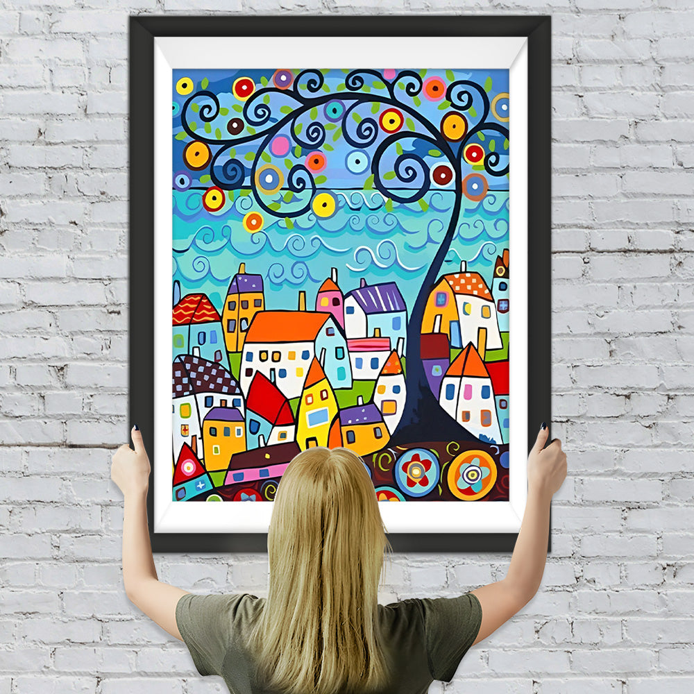 Cartoon Häuser und Baum Diamond Painting