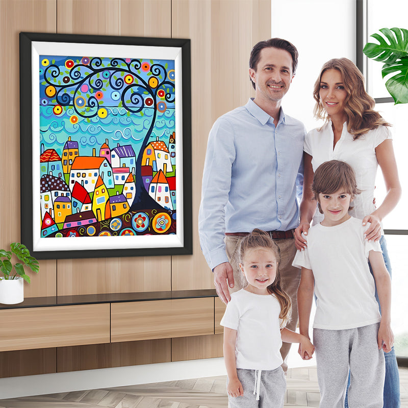 Cartoon Häuser und Baum Diamond Painting