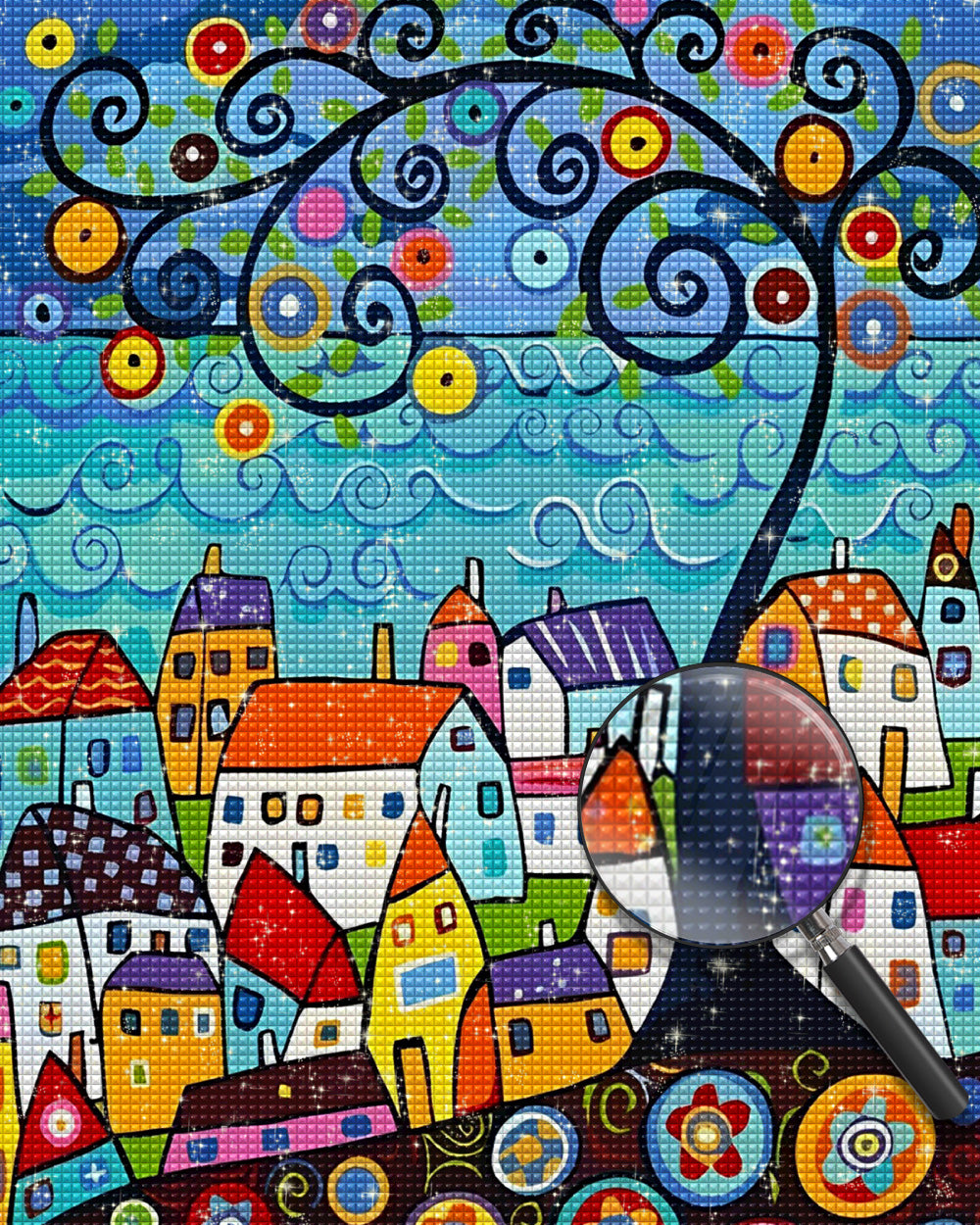 Cartoon Häuser und Baum Diamond Painting