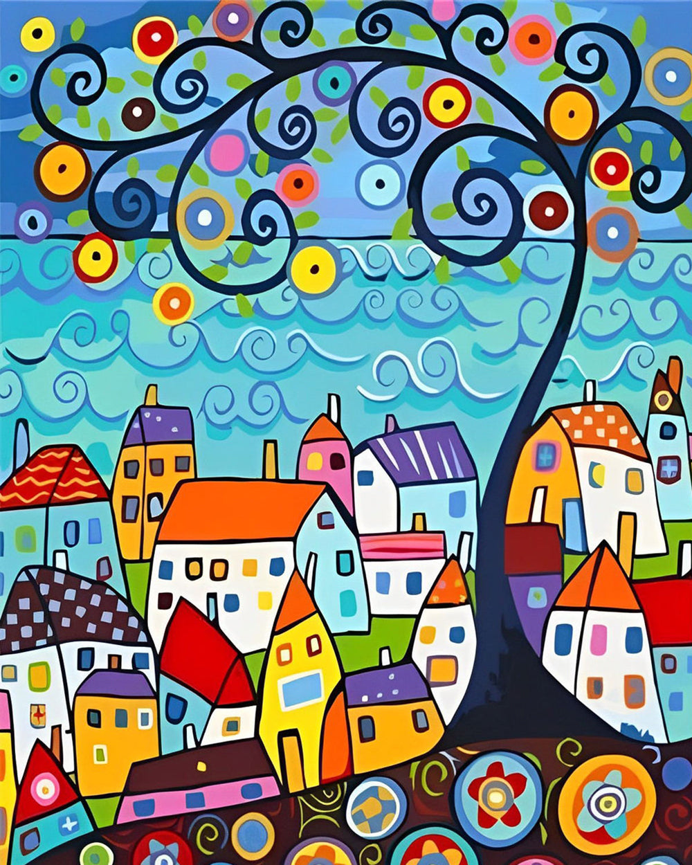 Cartoon Häuser und Baum Diamond Painting