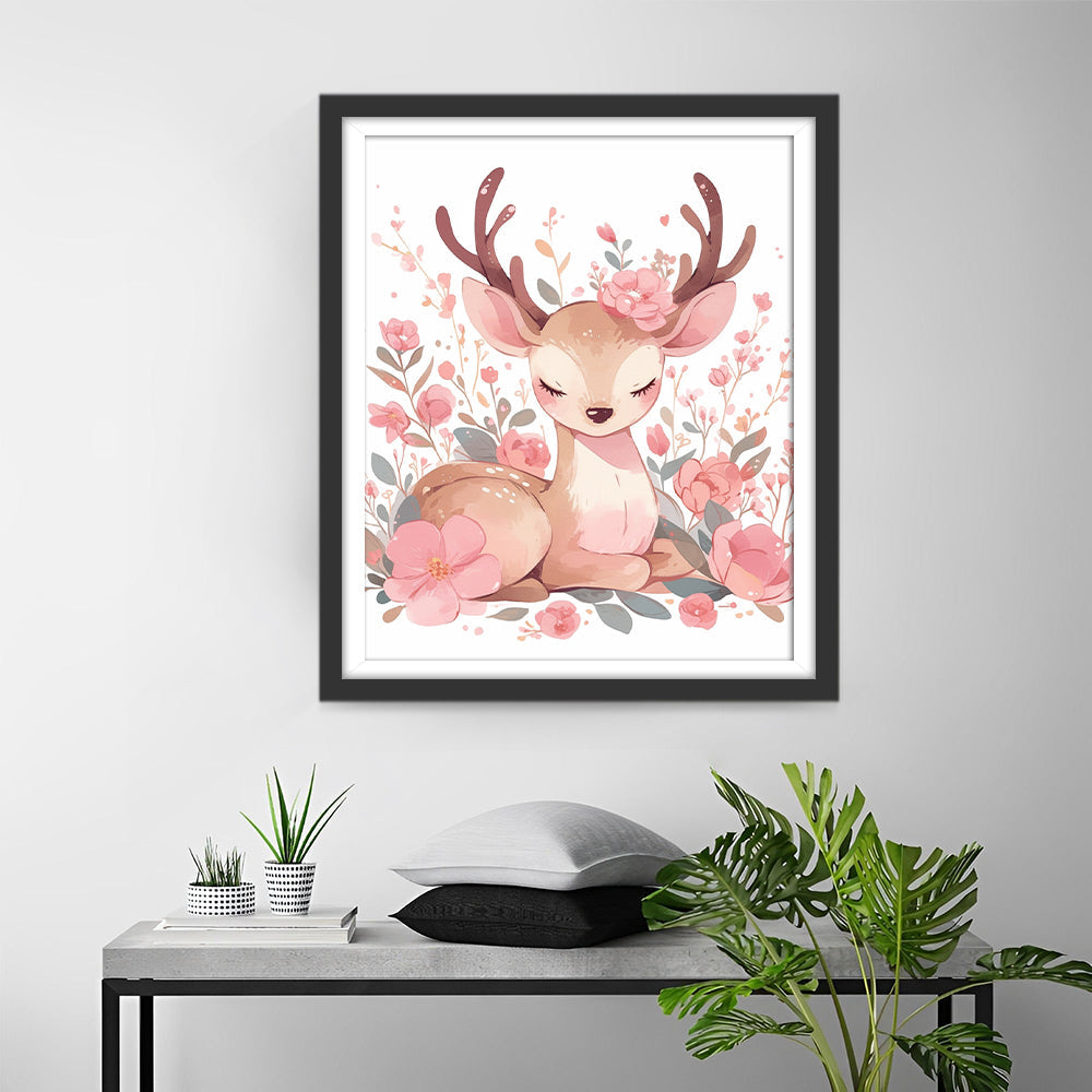 Cartoon Hirsch und Rosa Blumen Diamond Painting