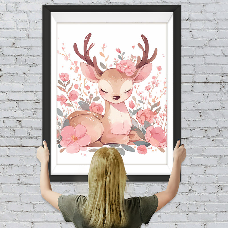 Cartoon Hirsch und Rosa Blumen Diamond Painting