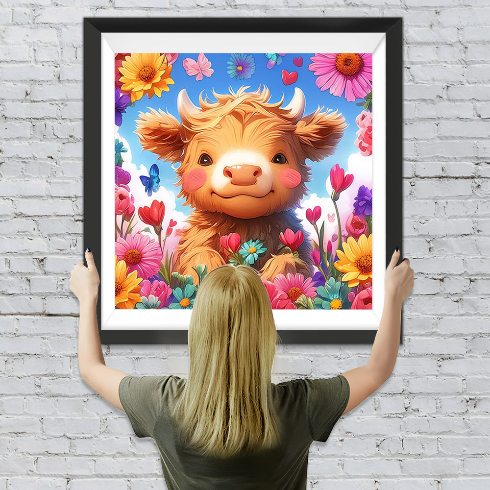 Cartoon Hochlandkuh und Bunte Blumen Diamond Painting