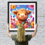 Cartoon Hochlandkuh und Bunte Blumen Diamond Painting