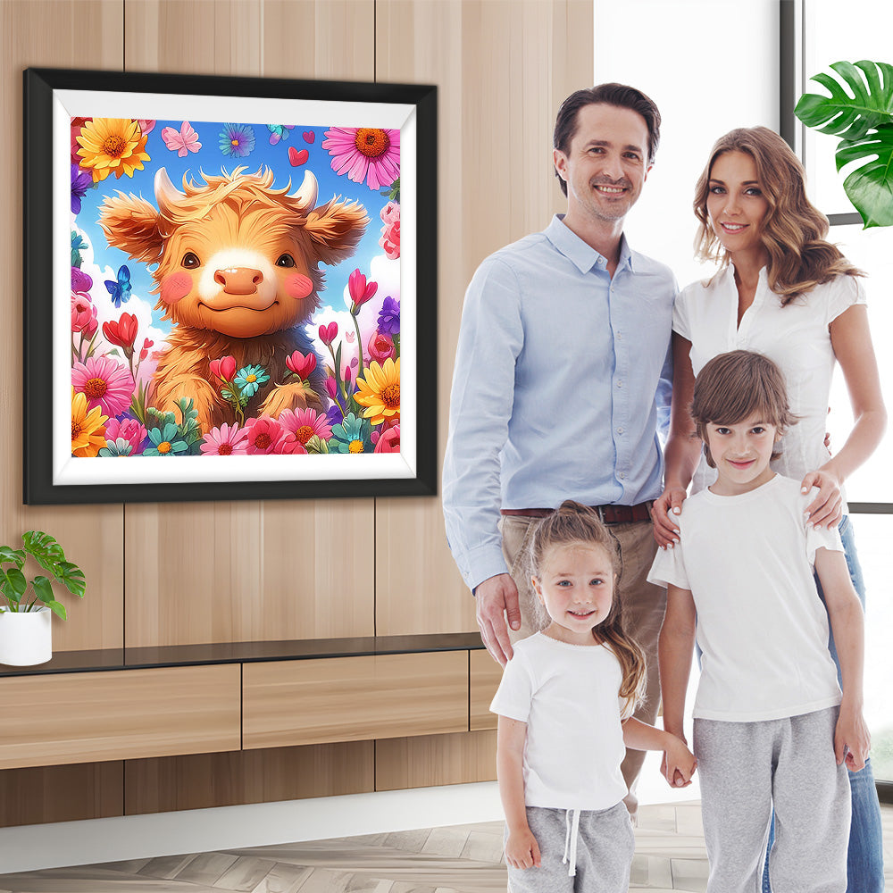 Cartoon Hochlandkuh und Bunte Blumen Diamond Painting