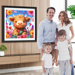 Cartoon Hochlandkuh und Bunte Blumen Diamond Painting