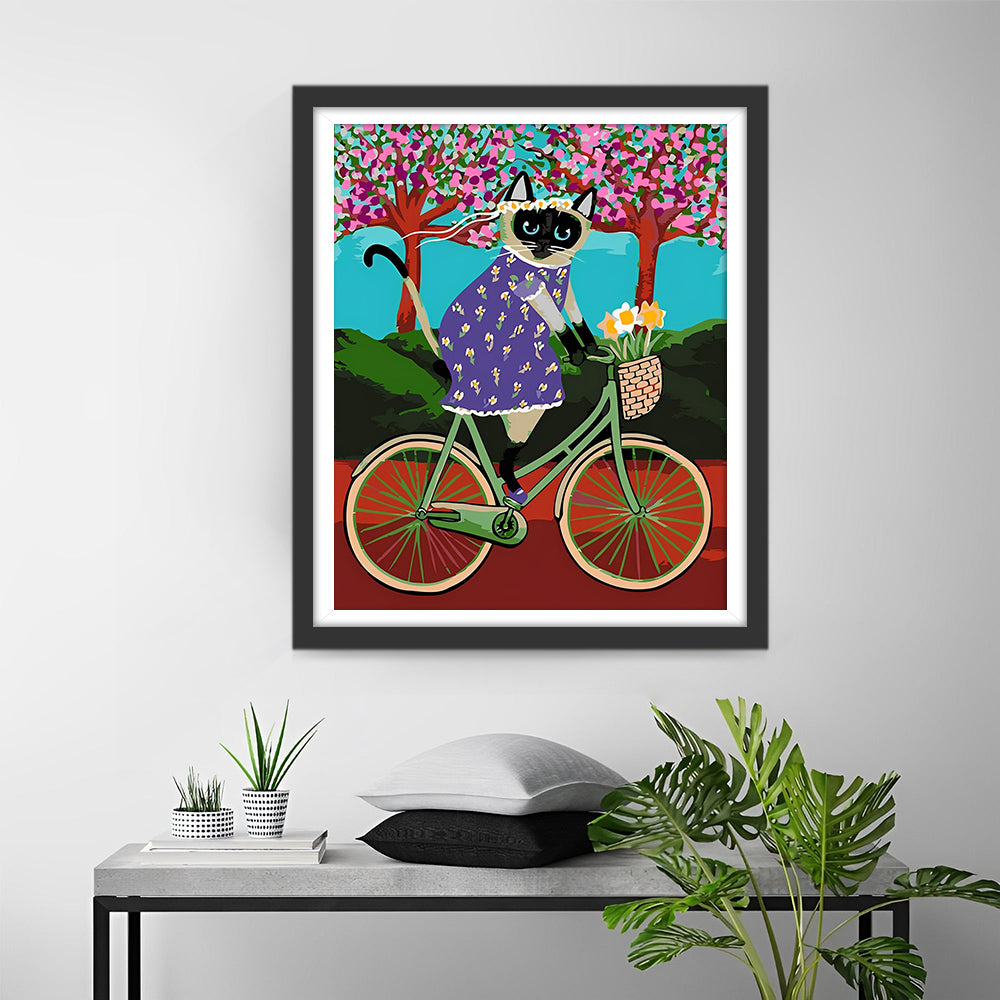 Cartoon Katze auf einem Fahrrad Diamond Painting