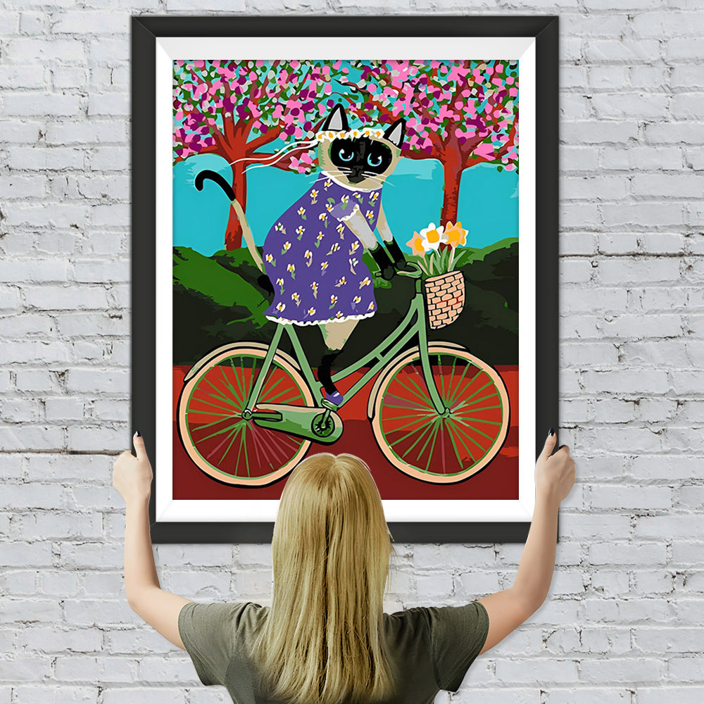 Cartoon Katze auf einem Fahrrad Diamond Painting