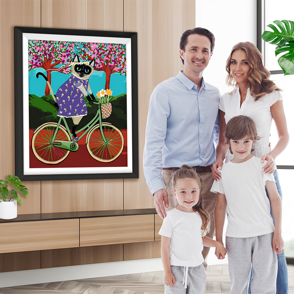 Cartoon Katze auf einem Fahrrad Diamond Painting