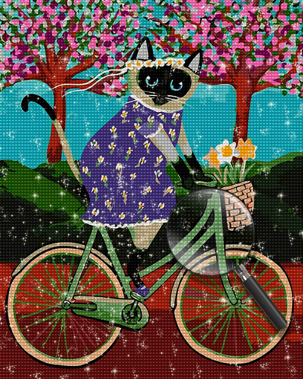 Cartoon Katze auf einem Fahrrad Diamond Painting
