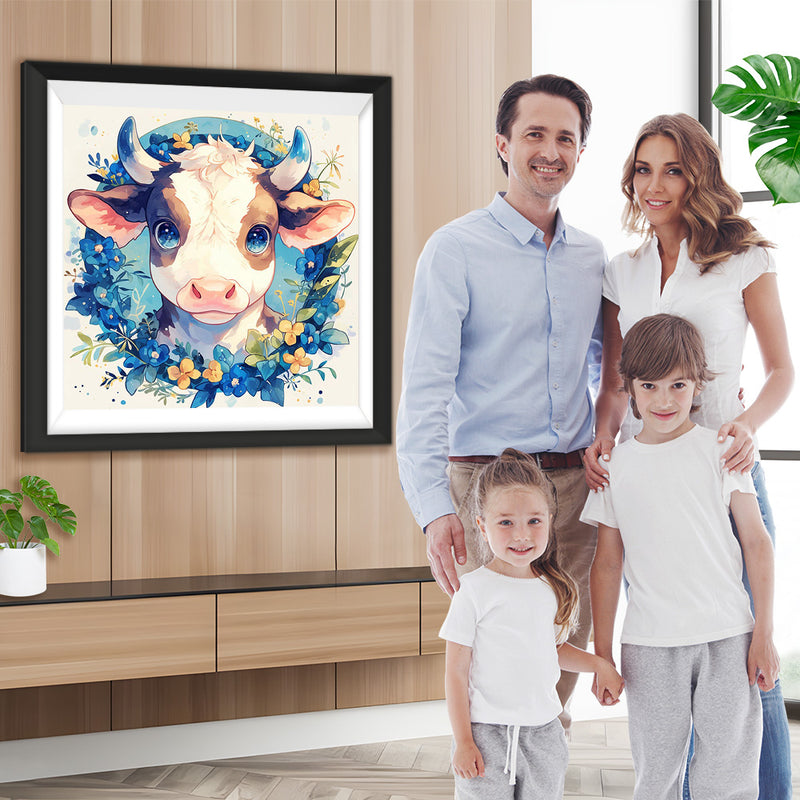 Cartoon Kuh und Blaue Blumen Diamond Painting