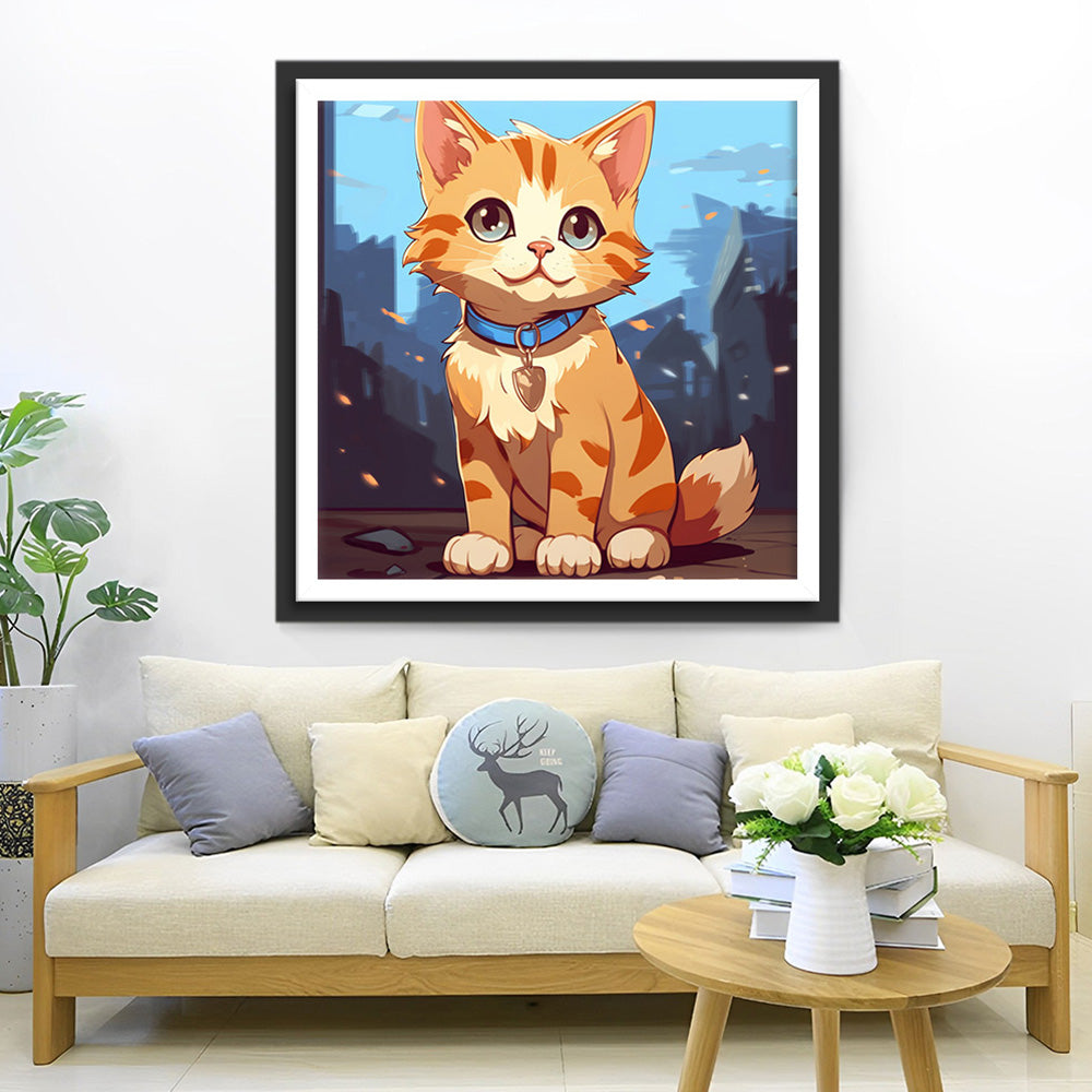 Cartoon Orange Katze mit blauem Halsband Diamond Painting