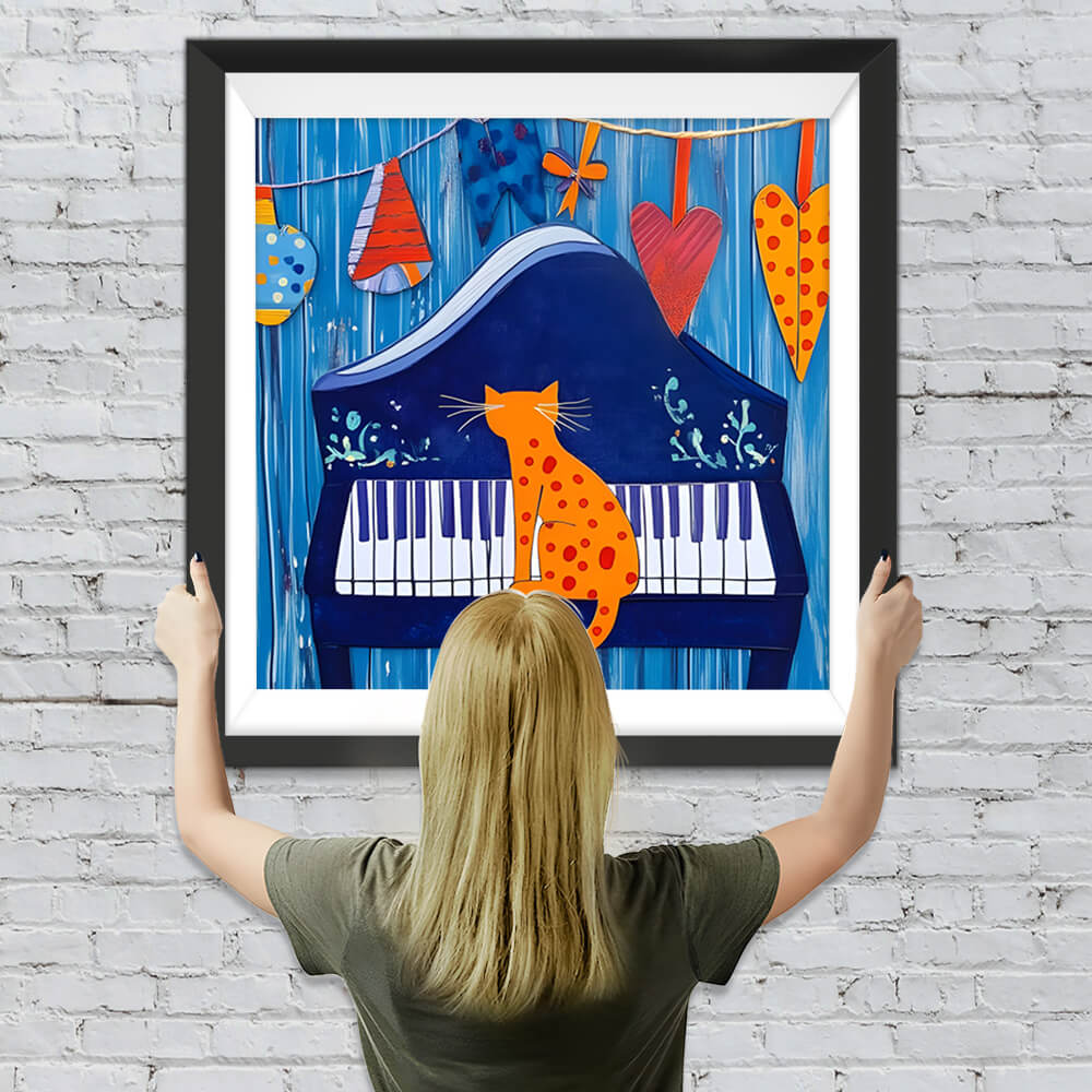 Cartoon Orange Katze spielt das Klavier Diamond Painting