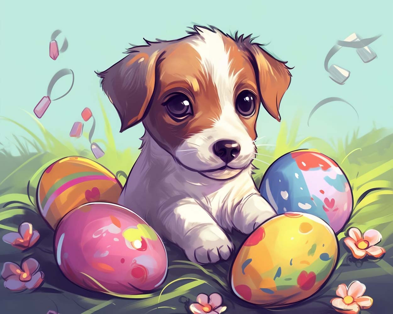 Cartoon Ostereier und Hund Diamond Painting