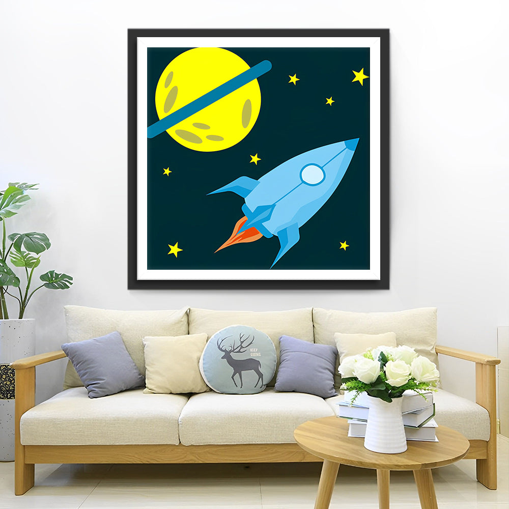 Cartoon-Planet und Rakete Diamond Painting