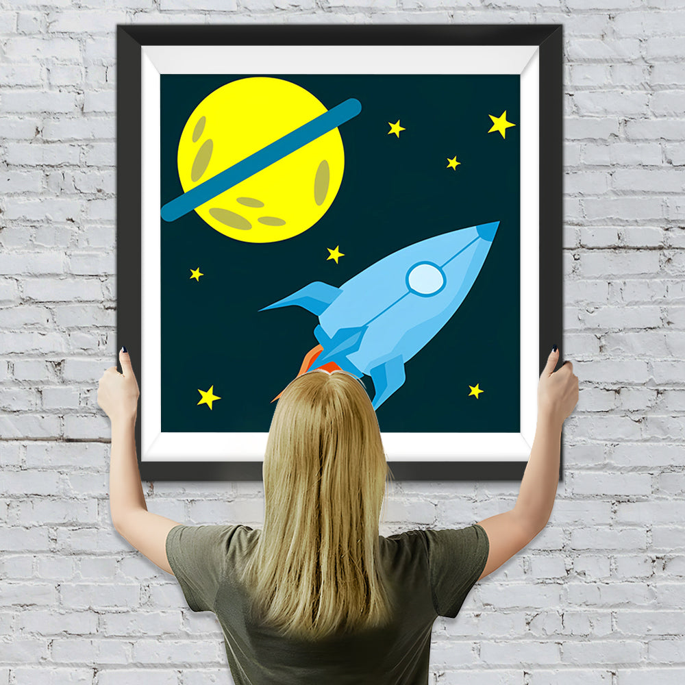 Cartoon-Planet und Rakete Diamond Painting