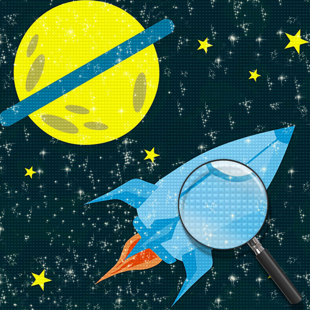 Cartoon-Planet und Rakete Diamond Painting